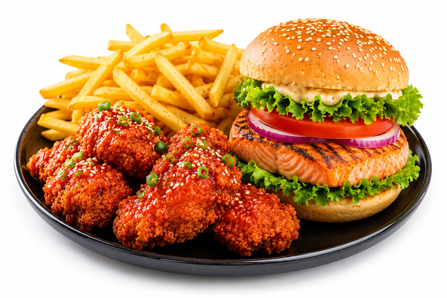 Combo Burger Cá Hồi, Gà Rán Hàn Quốc & Khoai Tây Chiên